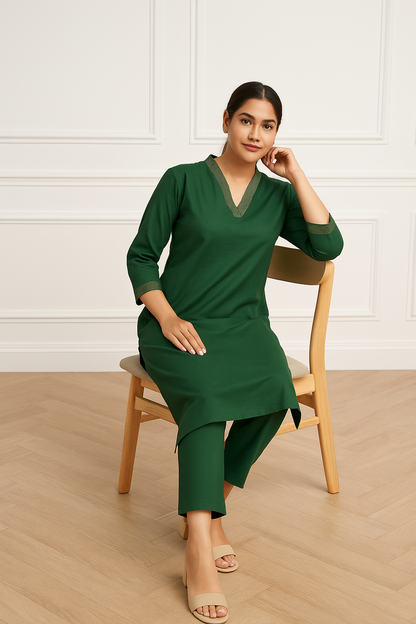 Green V-neck plain Coord Set