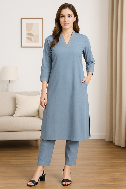 Grey V-neck plain Coord Set