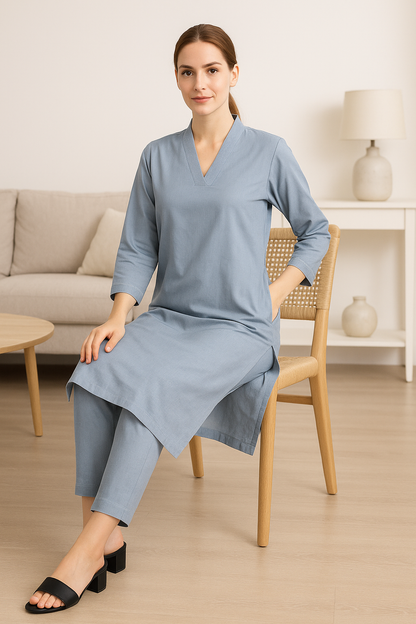 Grey V-neck plain Coord Set