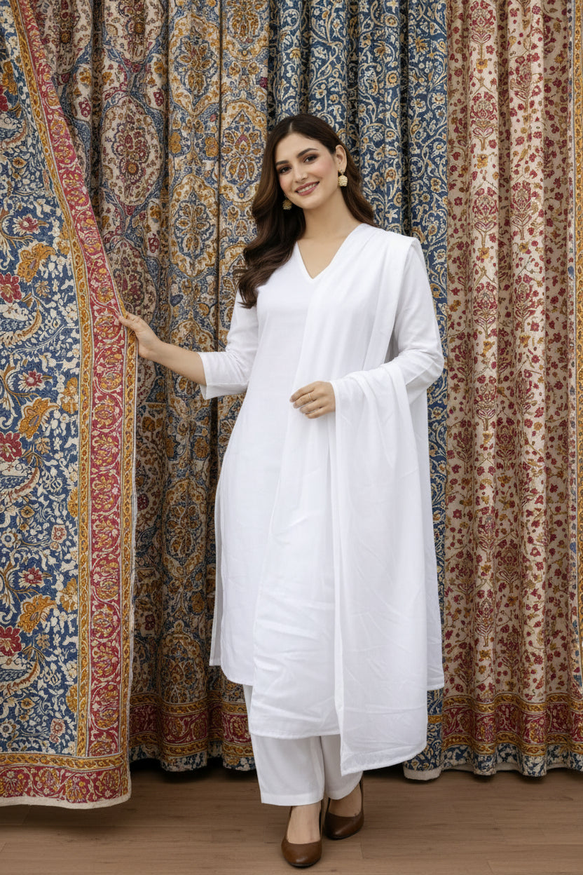 Sukoon Ivory V-white Kurta Set with Dupatta