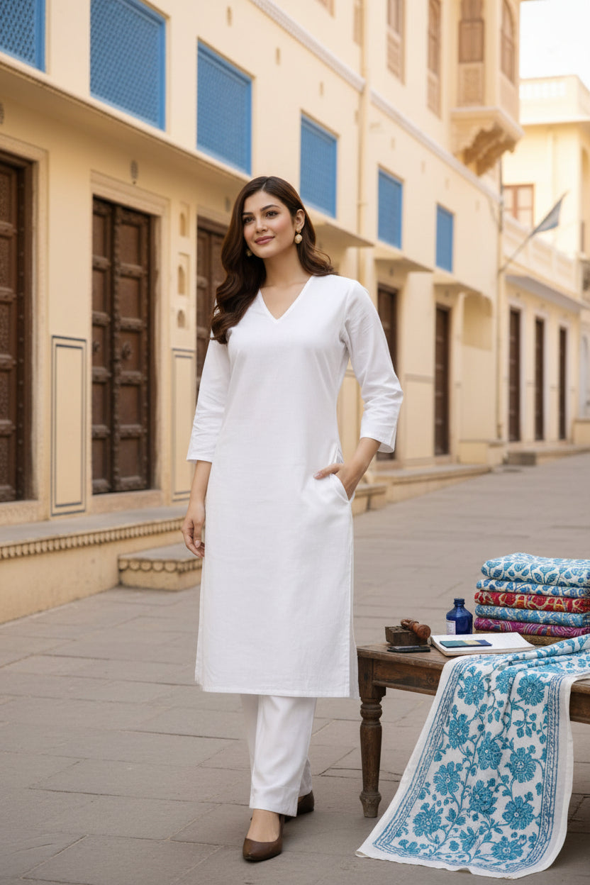 Saanjh Ivory Cotton office wear kurti set