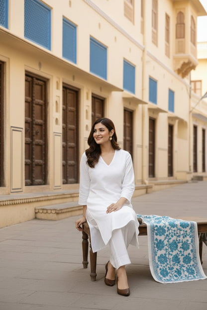 Saanjh Ivory Cotton office wear kurti set