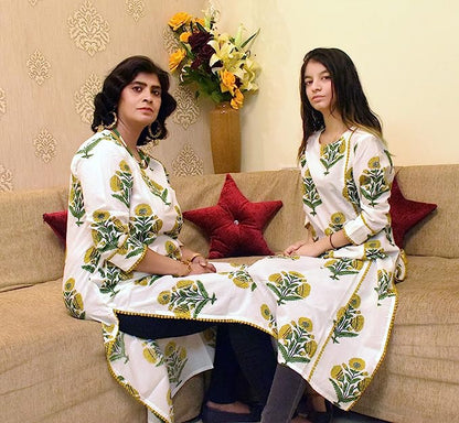 Green Mughal Print Sanganeri Cotton Kurti with Lace