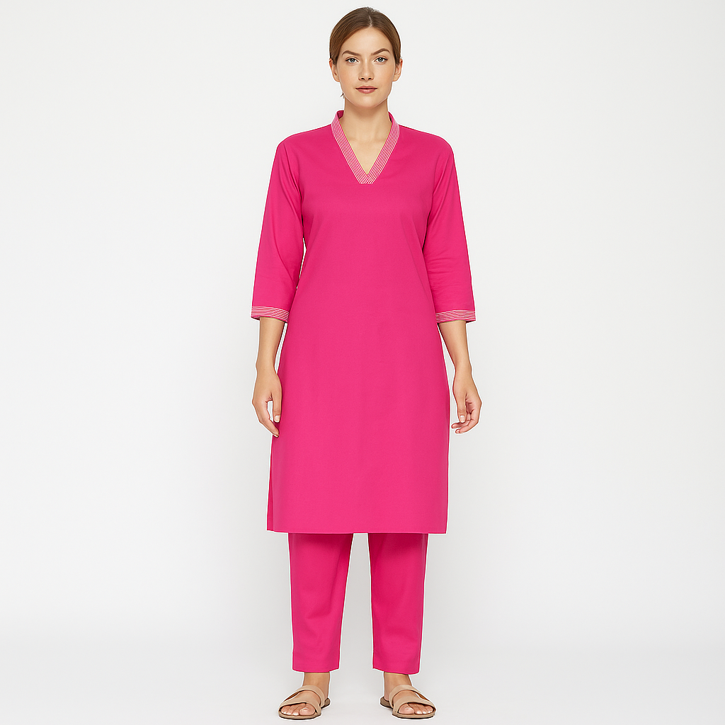 Magenta V-neck plain Coord Set