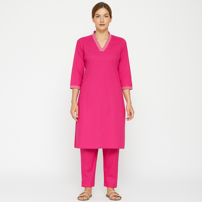 Magenta V-neck plain Coord Set