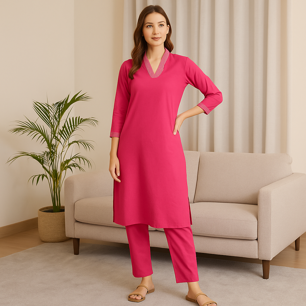 Magenta V-neck plain Coord Set