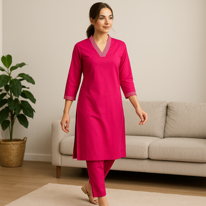 Magenta V-neck plain Coord Set