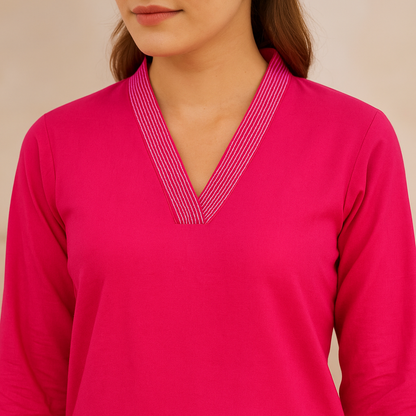 Magenta V-neck plain Coord Set