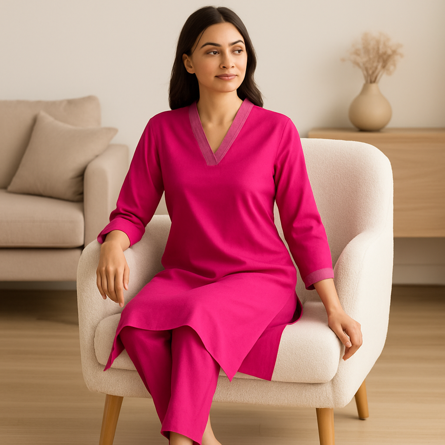 Magenta V-neck plain Coord Set