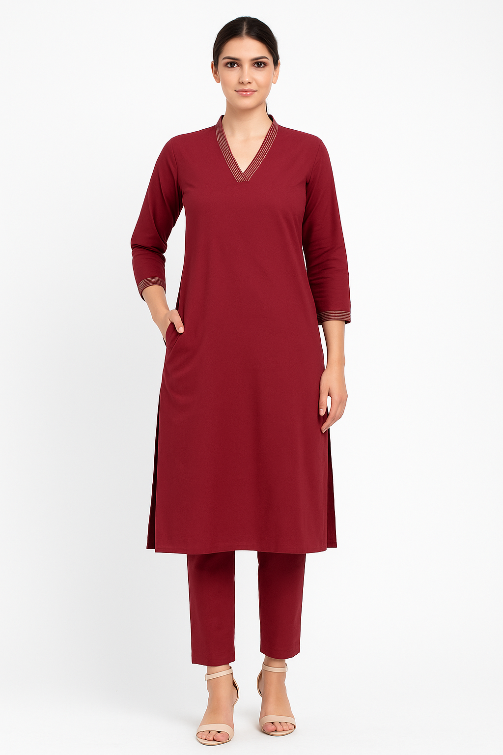 Maroon V-neck plain Coord Set