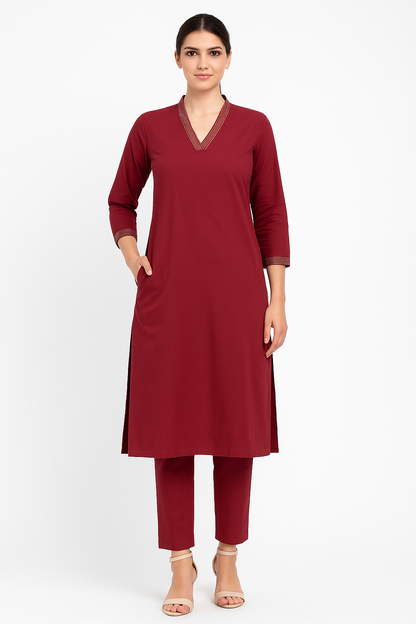 Maroon V-neck plain Coord Set