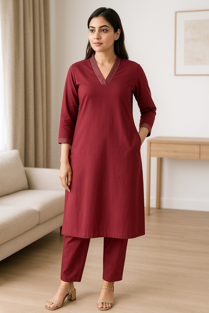 Maroon V-neck plain Coord Set