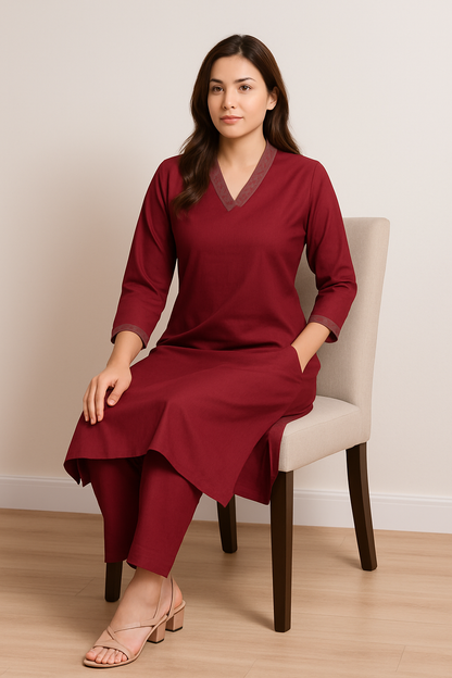 Maroon V-neck plain Coord Set