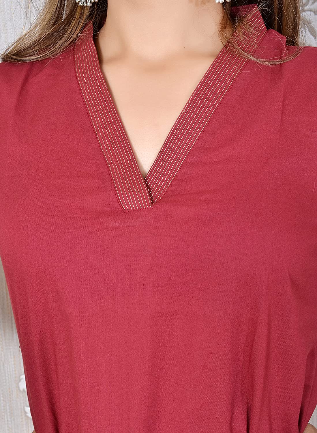 Maroon V-neck plain Coord Set