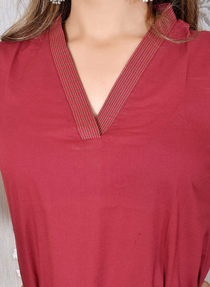 Maroon V-neck plain Coord Set