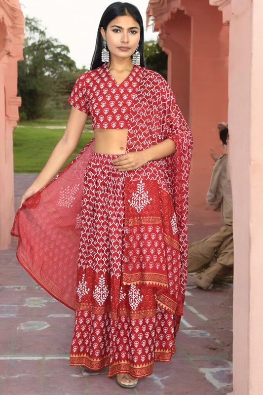 Maroon Handblock Print Lehenga Set with Back Tie-Detail Blouse