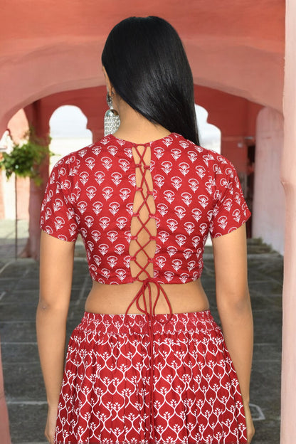Maroon Handblock Print Lehenga Set with Back Tie-Detail Blouse