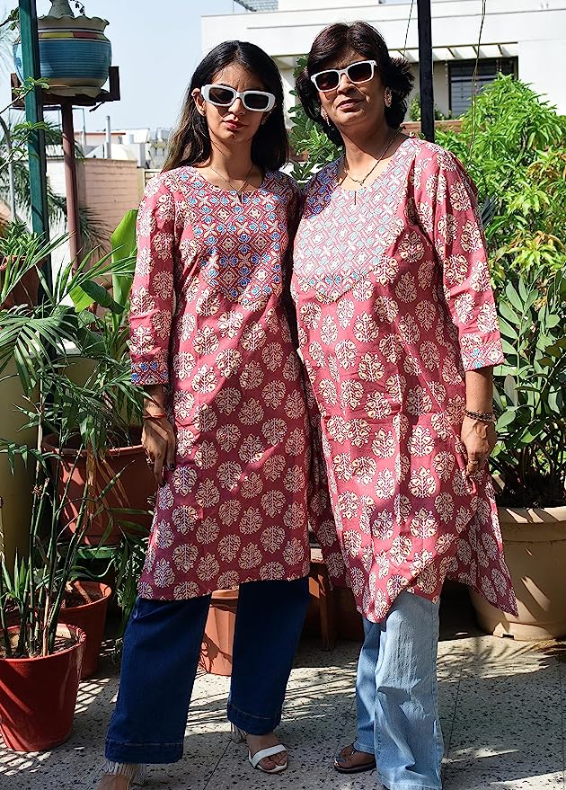 Peach - Plain Jhiri Handloom Cotton Long Straight Kurta