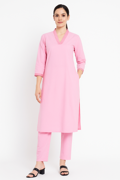 Pink V-neck plain Coord Set