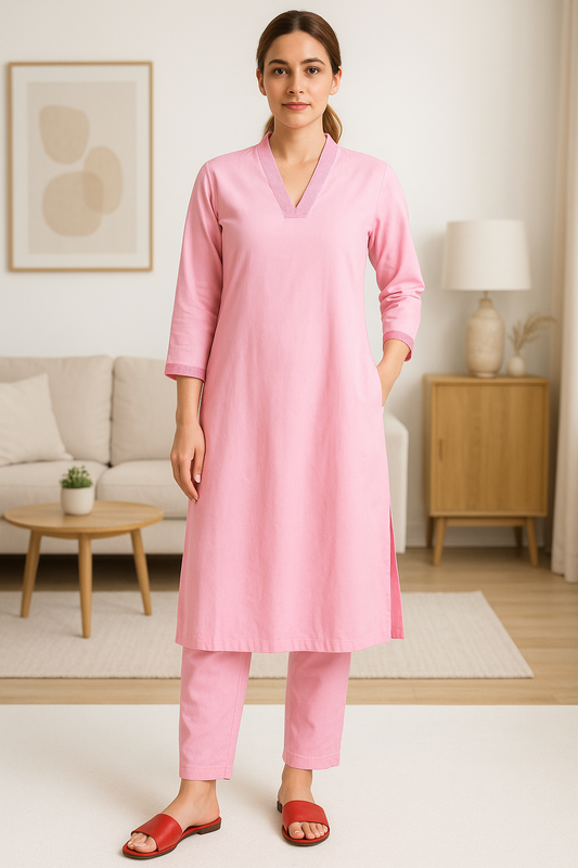 Pink V-neck plain Coord Set