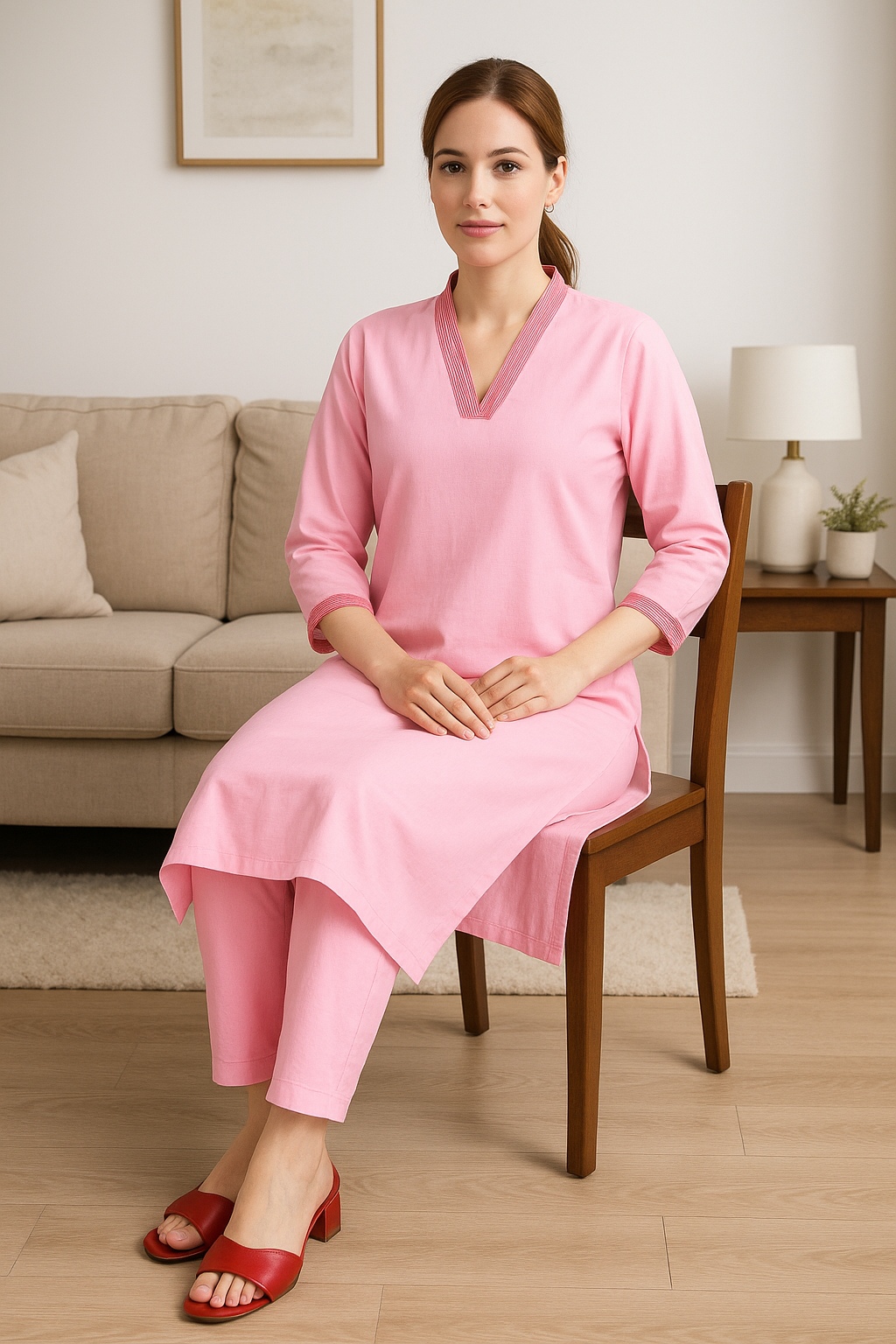 Pink V-neck plain Coord Set