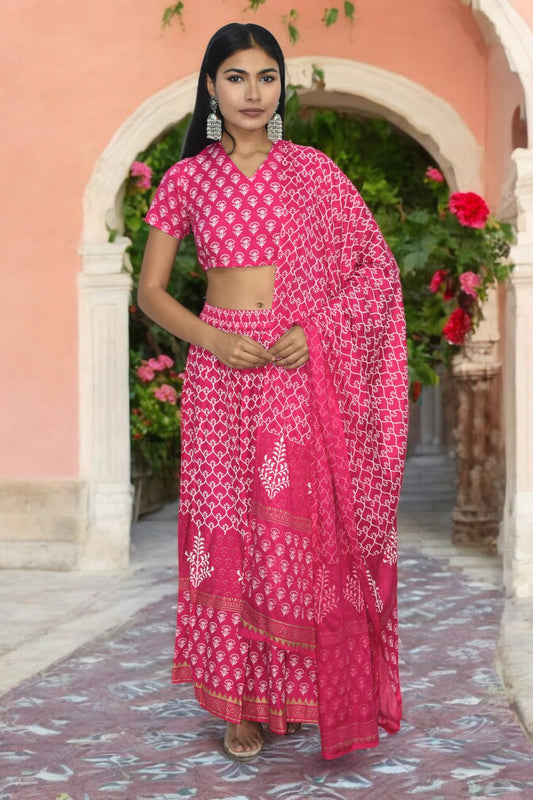 Magenta Handblock Print Lehenga Set with Back Tie-Detail Blouse