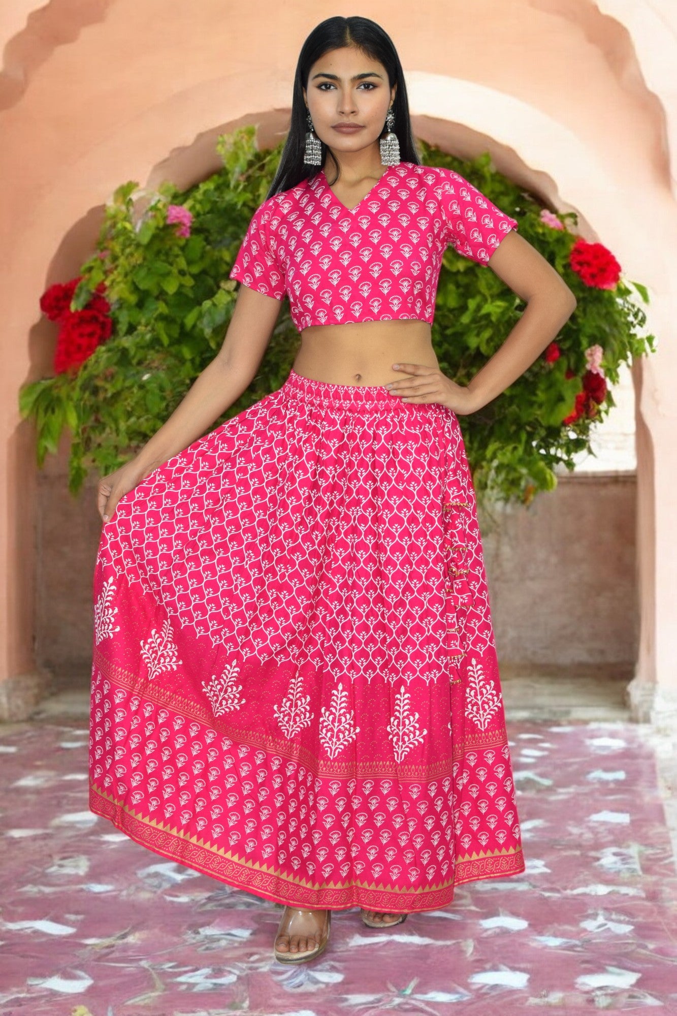 Magenta Handblock Print Lehenga Set with Back Tie-Detail Blouse