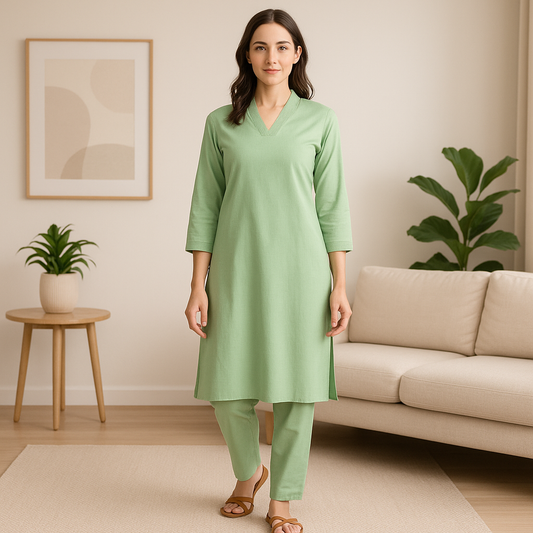 Pistachio V-neck plain Coord Set