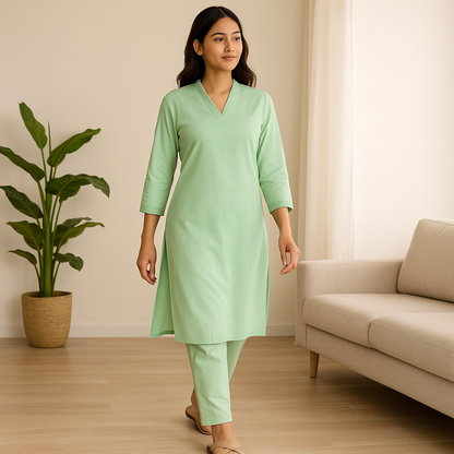 Pistachio V-neck plain Coord Set