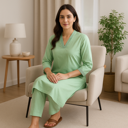 Pistachio V-neck plain Coord Set