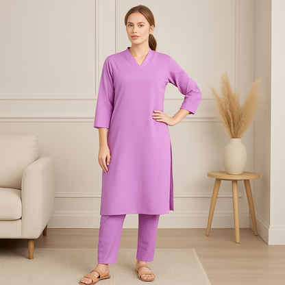 Lavander V-neck plain Coord Set