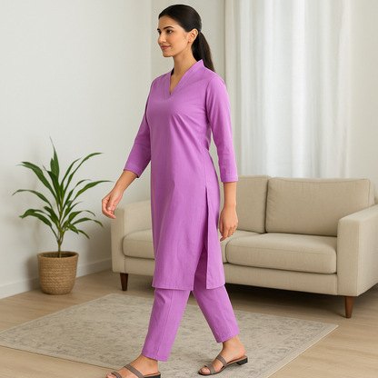 Lavander V-neck plain Coord Set