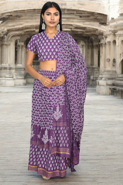 Purple Handblock Print Lehenga Set with Back Tie-Detail Blouse