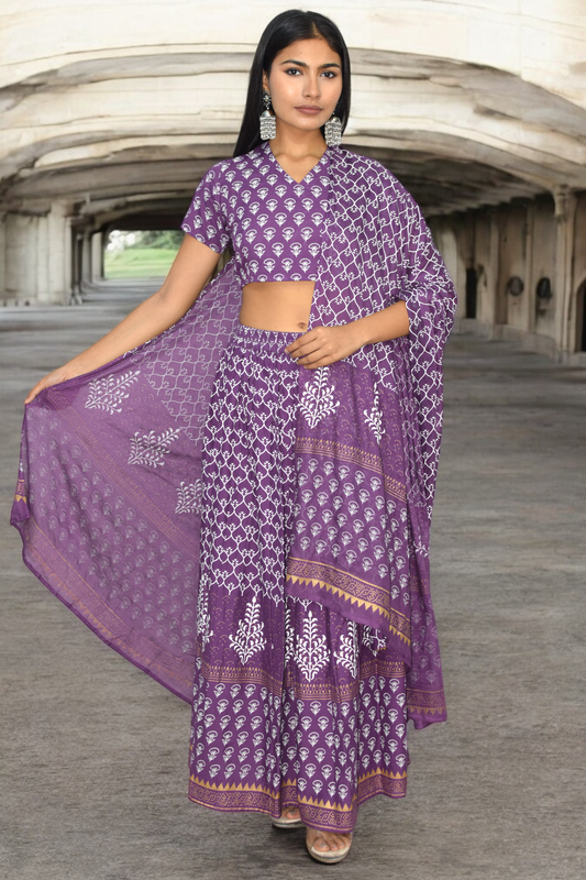 Purple Handblock Print Lehenga Set with Back Tie-Detail Blouse