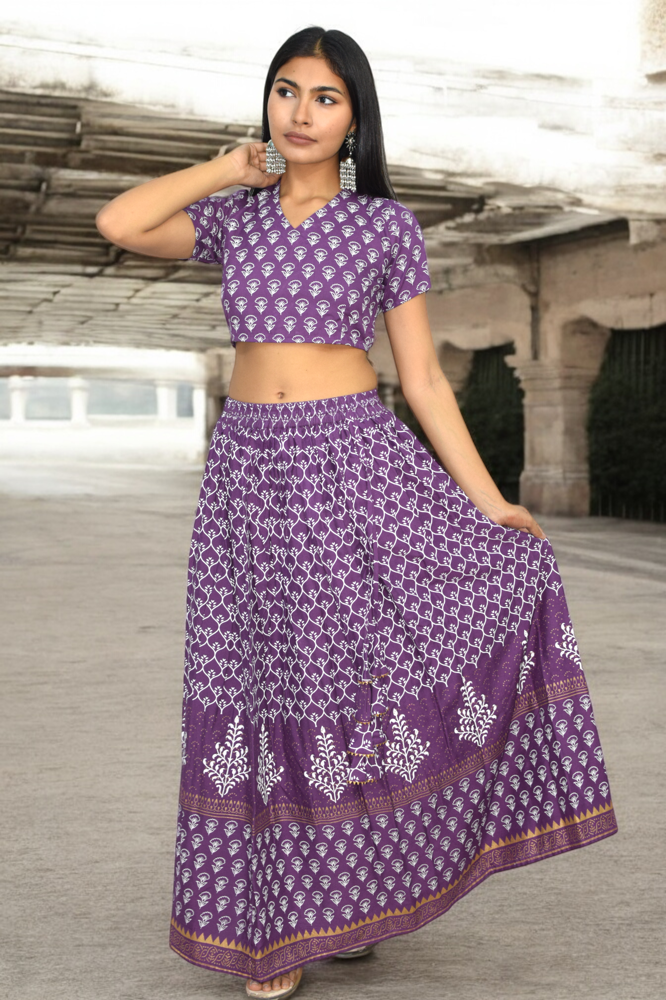 Purple Handblock Print Lehenga Set with Back Tie-Detail Blouse