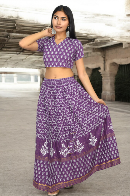 Purple Handblock Print Lehenga Set with Back Tie-Detail Blouse