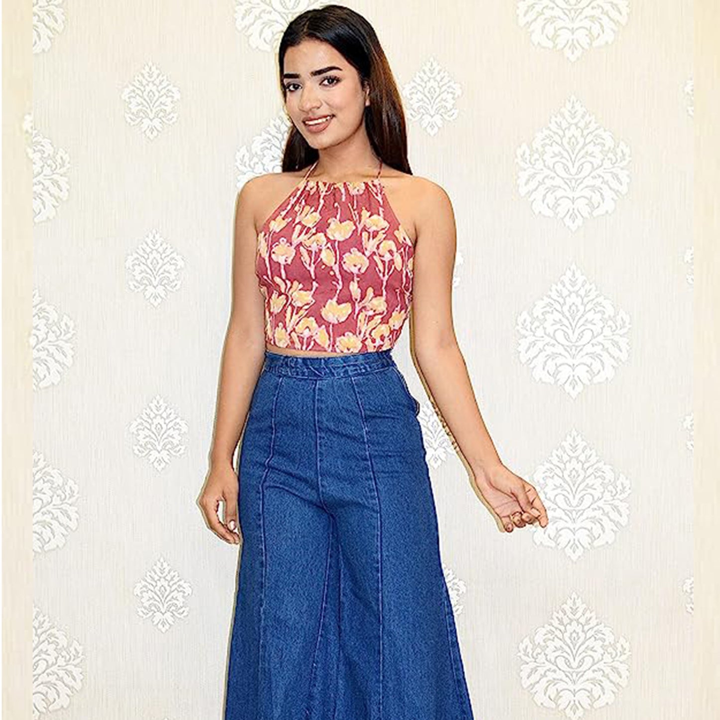 Red matka backless crop top