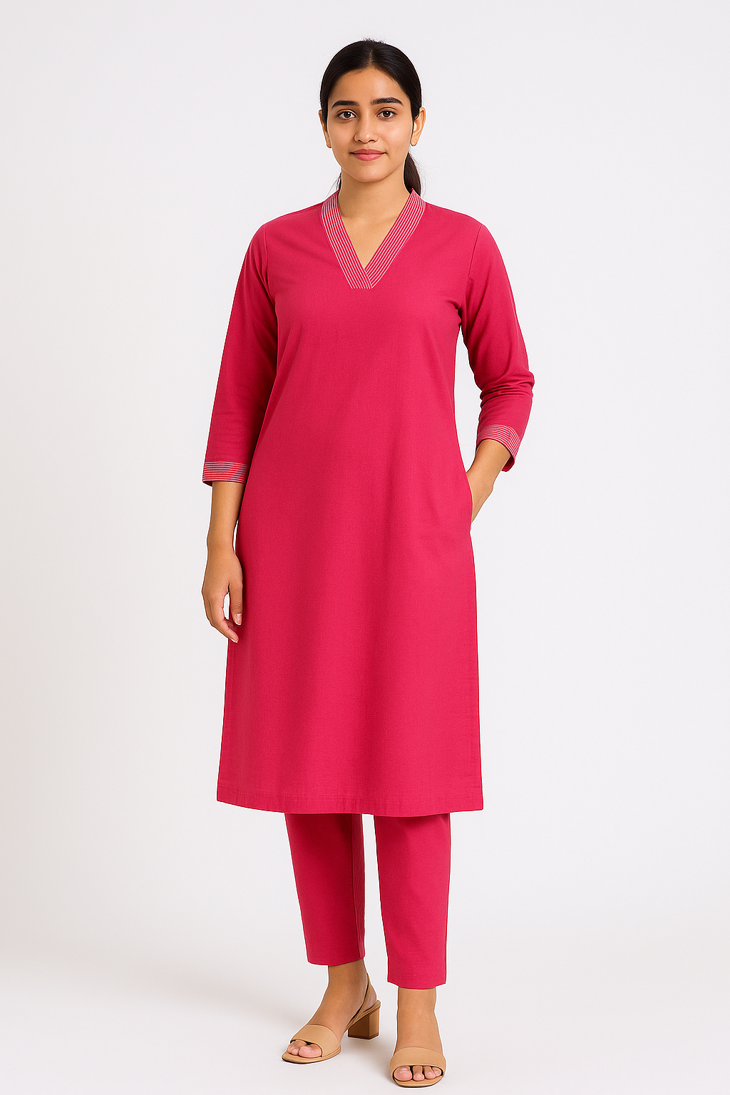 Red V-neck plain Coord Set