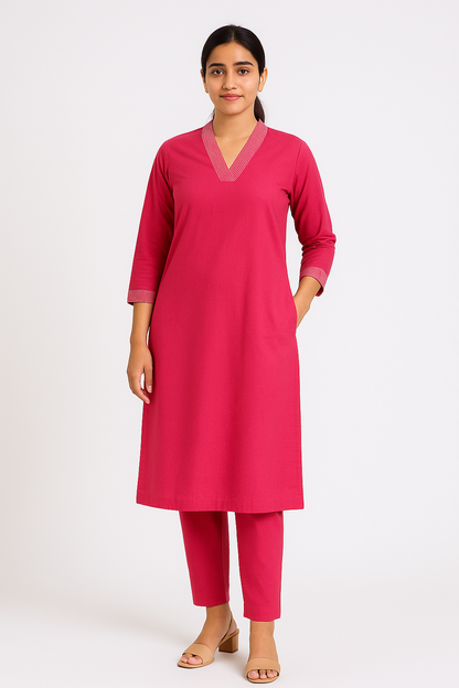 Red V-neck plain Coord Set