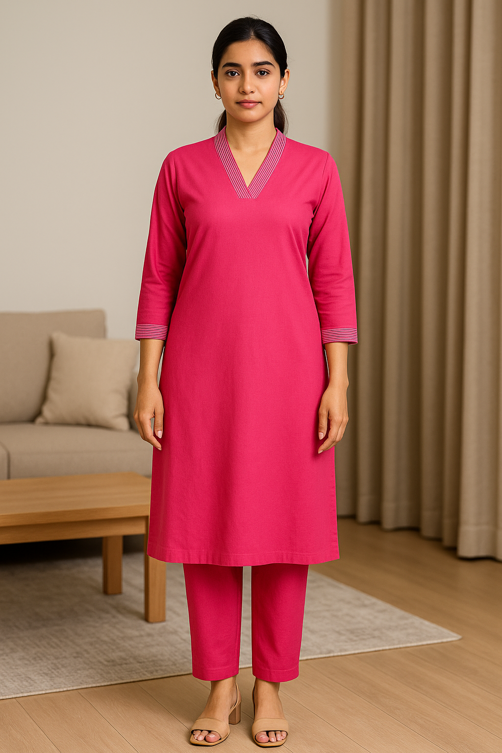 Red V-neck plain Coord Set