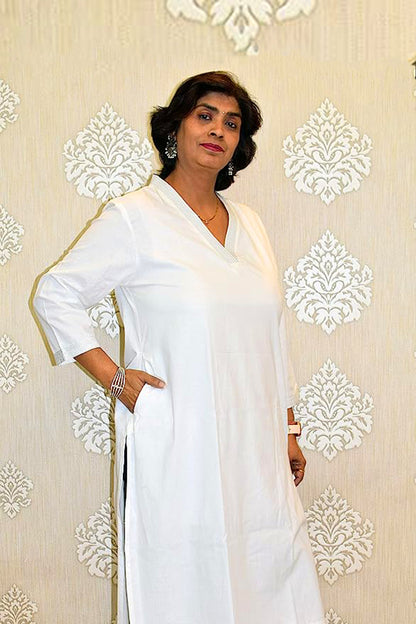 White V-Neck Plain Cotton Kurta