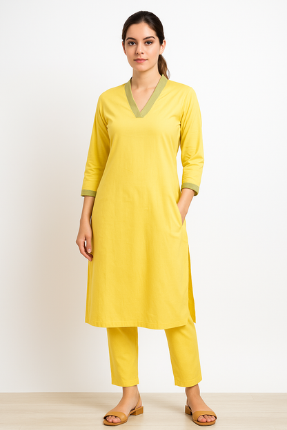 Yellow V-neck plain Coord Set