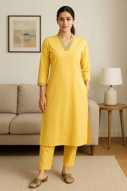 Yellow V-neck plain Coord Set