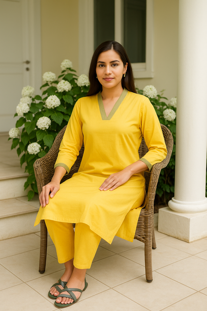 Yellow V-neck plain Coord Set