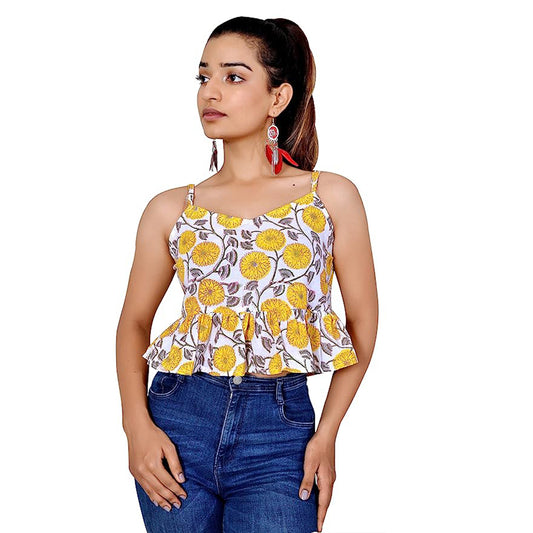 Yellow Floral Flared Crop Top